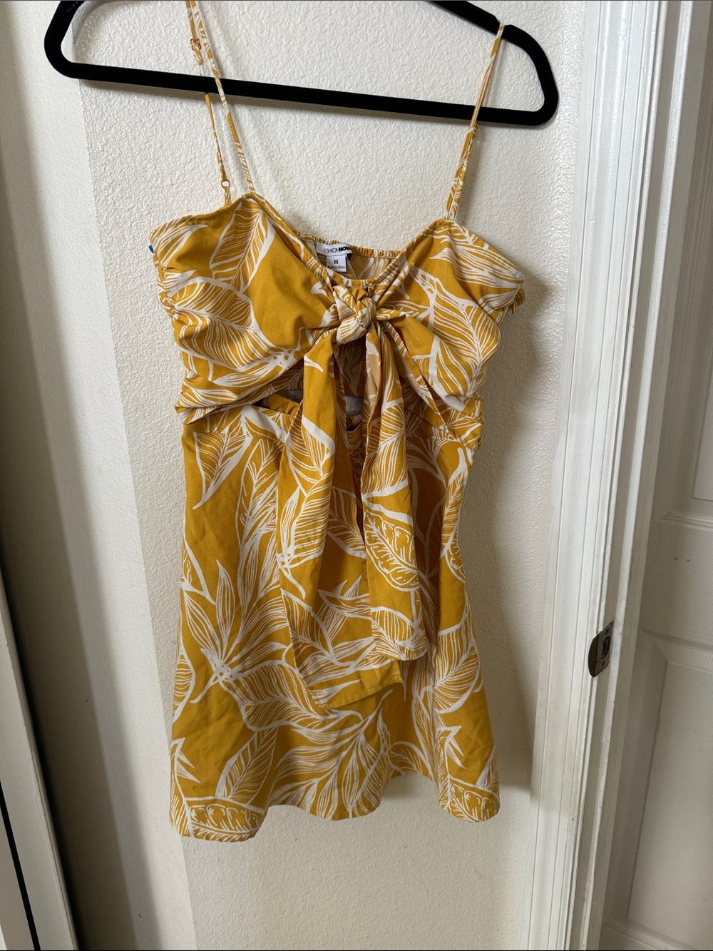 Fashion Nova Mustard Yellow Leaf-Print Tie-Front Mini Dress